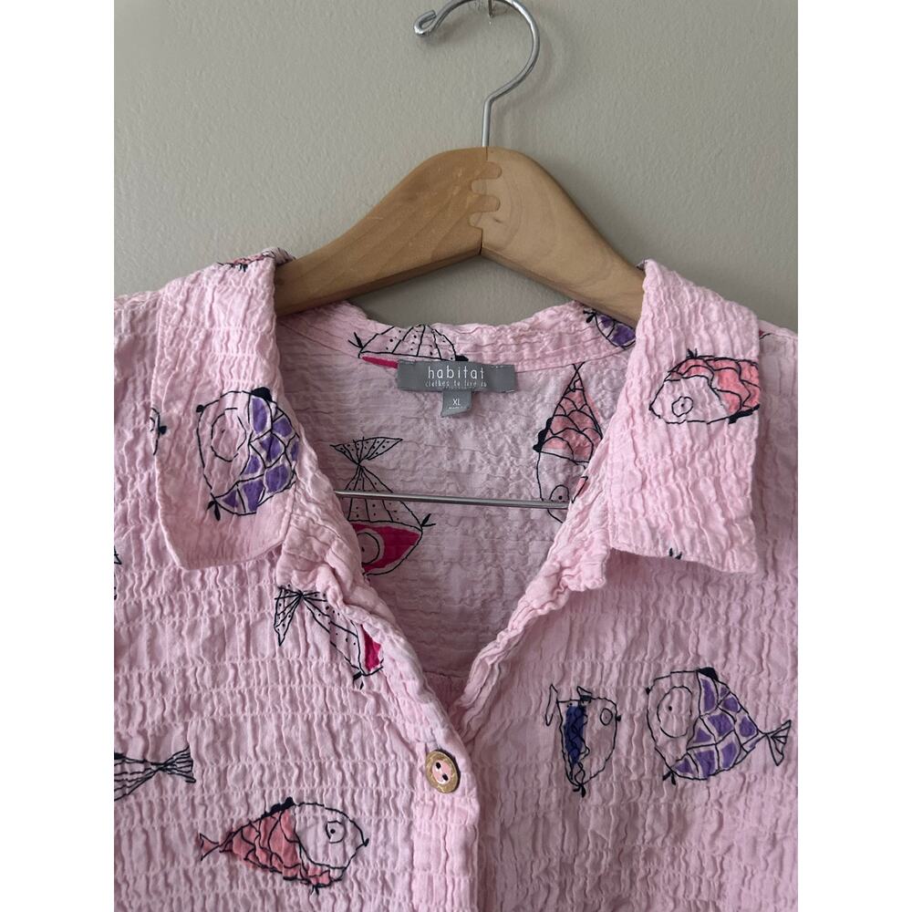 Habitat Clothing Pink Fish Print Gauze Button Up Size XL - Picture 2 of 8